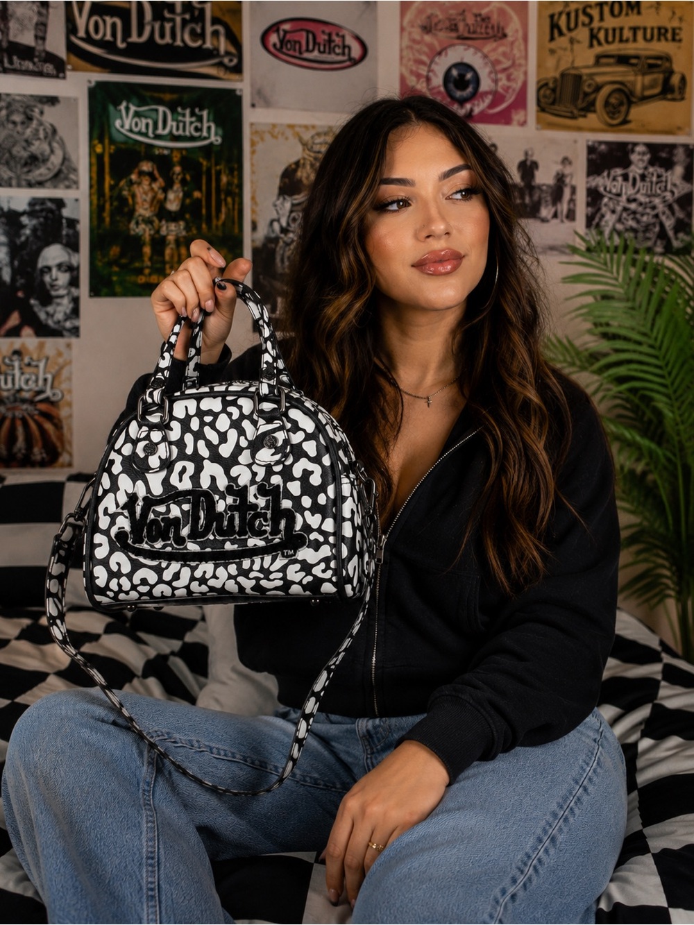 Von Dutch White Cheetah Mini Bowler Bag Y2K Crossbody Handbag NWT - Picture 2 of 7